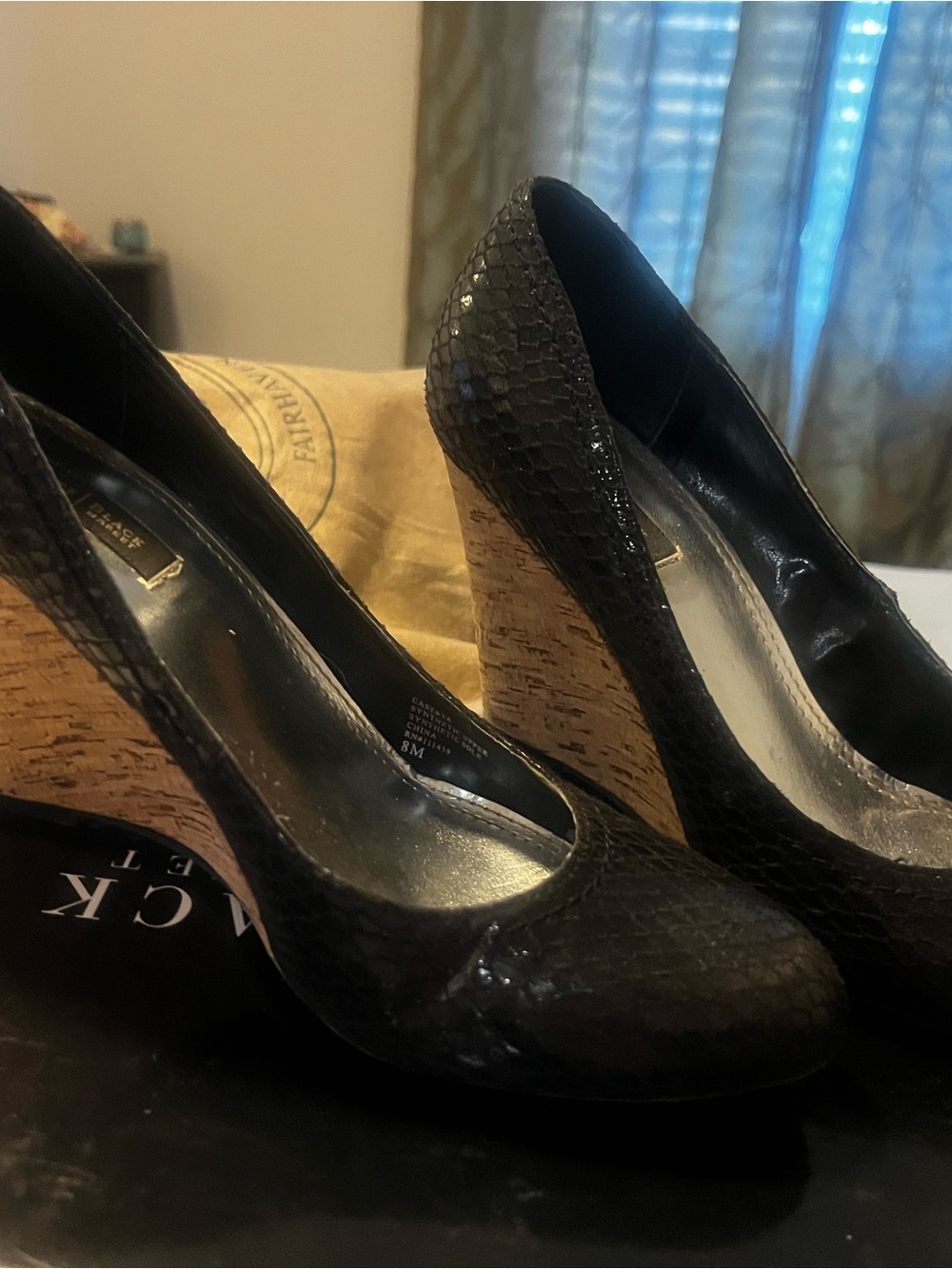 White House Black Market Black Textured Wedge Pumps with Cork Heel